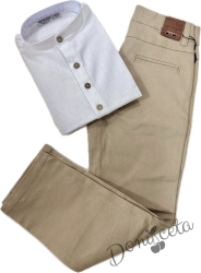 Комплект за момче риза в бяло с дълъг ръкав , без яка и панталон в бежово