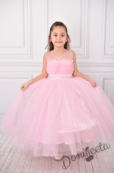 Официална детска дълга рокля в розово без ръкав с тюл Йоланда