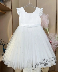 Официална детска къса рокля с тюл и перли в бяло Розмари
