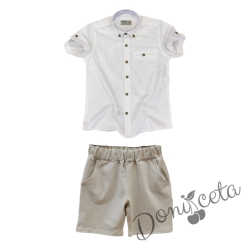 Летен комплект за момче риза с къс ръкав в бяло и къси панталони в бежово 3454643232