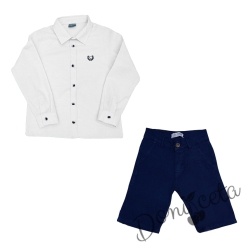 Летен комплект за момче риза с дълъг ръкав в бяло с яка и къси панталони в тъмносиньо