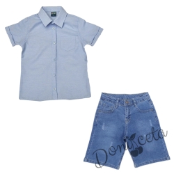 Летен комплект за момче риза с дълъг ръкав без яка и къси дънки в синьо