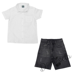 Летен комплект за момче риза с дълъг ръкав в бяло без яка и къси дънки в черно