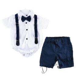 Бебешки комплект от панталон в тъмносиньо, боди-риза в бяло, тиранти и папийонка 768669789