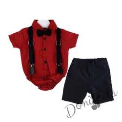 Бебешки комплект от панталон в черно, боди-риза в червено, тиранти и папийонка 