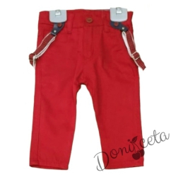 Детски панталони за момче в червено с тиранти