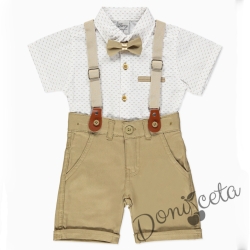 Летен комплект за момче от панталон в бежово, риза в бяло и орнаменти, тиранти и папийонка 6343452347