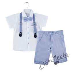Летен комплект за момче от панталон в светлосиньо, риза в бяло и орнаменти, тиранти и папийонка 6343452348