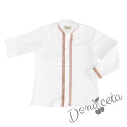 Детска риза с дълъг ръкав за момче/момиче в бяло без яка с фолклорни/етно мотиви 33