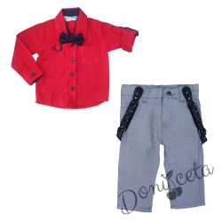 Бебешки комплект от риза в червено с папийонка и панталон в светлосиньо
