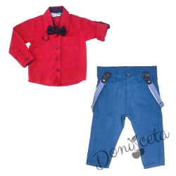 Бебешки комплект от риза в червено с папийонка и панталон в синьо