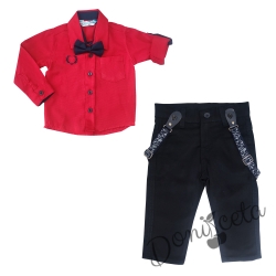 Бебешки комплект от риза в червено с папийонка и панталон в тъмносиньо