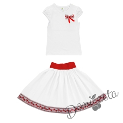 Комплект за момиче от 2 части- пола в бяло и блуза с къс ръкав с етно/фолклорни мотиви 4343343422