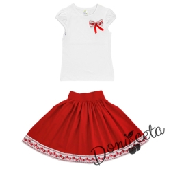 Комплект за момиче от 2 части- пола в червено и блуза с къс ръкав с етно/фолклорни мотиви 4343343421
