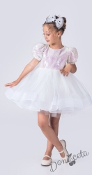 Официална детска къса рокля с къс ръкав в бяло с пайети Людмила