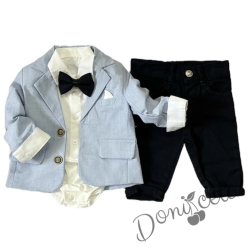 Бебешки комплект за момче от три части, сако в светлосиньо,риза в бяло и панталон в тъмносиньо с папионка