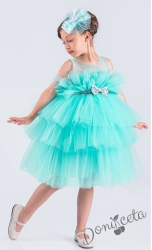 Детска официална рокля Фрея с богат тюл в тюркоаз и панделка за коса 5654329