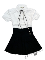Комплект от пола в черно и бяла риза с панделка с къс ръкав 4765435