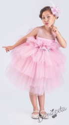 Детска официална рокля без ръкав Фрея с богат тюл в розово и панделка за коса 87856699