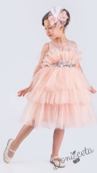 Детска официална рокля Фрея с богат тюл в прасковено и панделка за коса