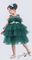Детска официална  рокля без ръкав Фрея с богат тюл в тъмно зелено и панделка за коса 55784519