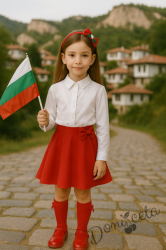 Комплект за момиче от пола клош Ева в червено с панделка и риза с дълъг ръкав и дантела