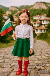 Комплект за момиче от 2 части-пола клош Ева в зелено с панделка и риза с дълъг ръкав и дантела