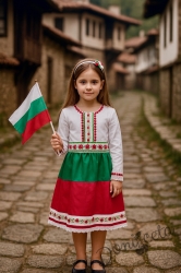 Детска носия в бяло, зелено и червено  с фолклорни етно мотиви 72