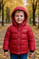 Детско зимно яке с качулка в червено с качулка и джобове