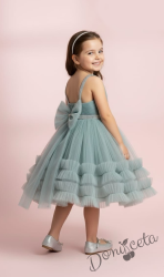 Интересна официална детска/бебешка рокля в тюркоаз с тюл и панделка Тиана 2