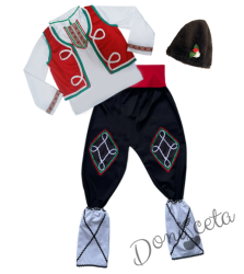 Мъжка или детска народна носия за момче 100 с калпак с фолклорни/етно мотиви, с елек и пояс в червено, гети и калпак 1