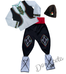 Мъжка или детска народна носия за момче 96 с калпак с фолклорни/етно мотиви, с елек и пояс в червено, гети и калпак 1