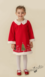 Коледна детска рокля в червено с плюш и коледна картинка 1