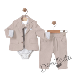 Бебешки комплект от 4 части за момче-сако в бежово, боди-риза в бяло и панталон в бежово с папийонка
