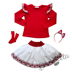 Комплект за момиче от 4 части-пола в бяло, блуза в червено с къдрици с фолклорни/етно мотиви, чорапи с панделка и диадема 1