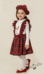 Коледен детски комплект за момиче от сукман в каре с панделки, блузка в бяло с къдрички и еленче и барета в каре 1