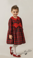 Детска коледна рокля за момиче в каре с яка в червено и червена панделка 1