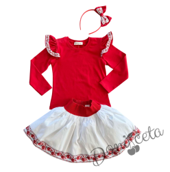 Комплект за момиче от 3 части-пола в бяло, блуза в червено с къдрици с фолклорни/етно мотиви и диадема