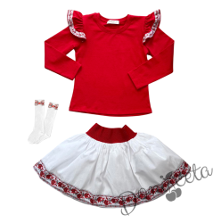 Комплект за момиче от 3 части-пола в бяло, блуза в червено с къдрици с фолклорни/етно мотиви и чорапи в бяло с панделка 1