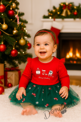 Коледна бебешка рокля в червено с тюл в зелено с коледни мотиви 3