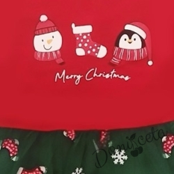 Коледна бебешка рокля в червено с тюл в зелено с коледни мотиви 2