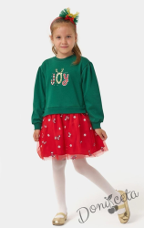 Детска коледна рокля в зелено с тюл в червено с коледни мотиви и диадема 4
