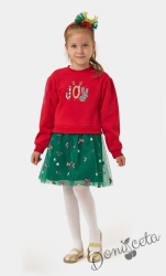Детска коледна рокля в червено с тюл в зелено с коледни мотиви и диадема  1