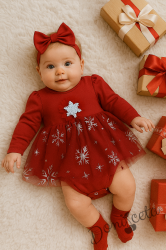 Бебешко коледно боди-рокля дълъг ръкав в червено със снежинки в сребристо