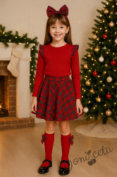 Комплект от 4 части за момиче - пола клош от трико Роси в каре, блуза с дълъг ръкав в червено с каре къдрички, чорапи с панделка каре и диадема