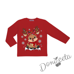 Коледна блуза в червено с дълъг ръкав и сладка картинка на еленче с панделка 1