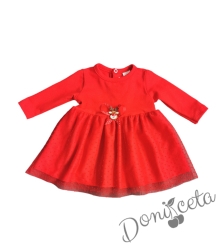 Бебешка/детска коледна рокля в червено с дълъг ръкав с еленче и тюл на звездички