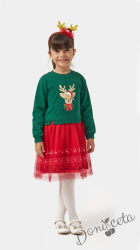 Детска коледна ватирана рокля в зелено с картинка на еленче с тюл в червено с коледни мотиви 1
