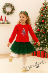 Детски коледен комплект от ватирана блуза в червено с елхичка и пола с блестящ тюл в зелено