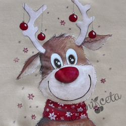 Коледен комплект за момиче от блуза в бежово с коледна картинка и панталон тип чарлстон в бежово 2